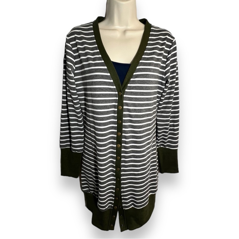 MEROKEETY Women’s Snap Button Down Striped Cardigan Grey and Green Size Medium